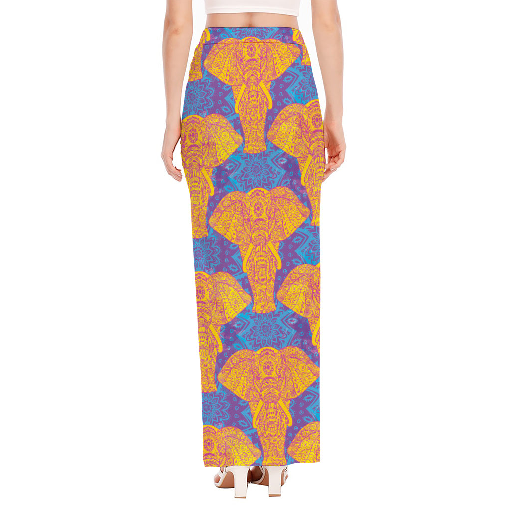 Yellow Mandala Elephant Pattern Print High Slit Maxi Skirt