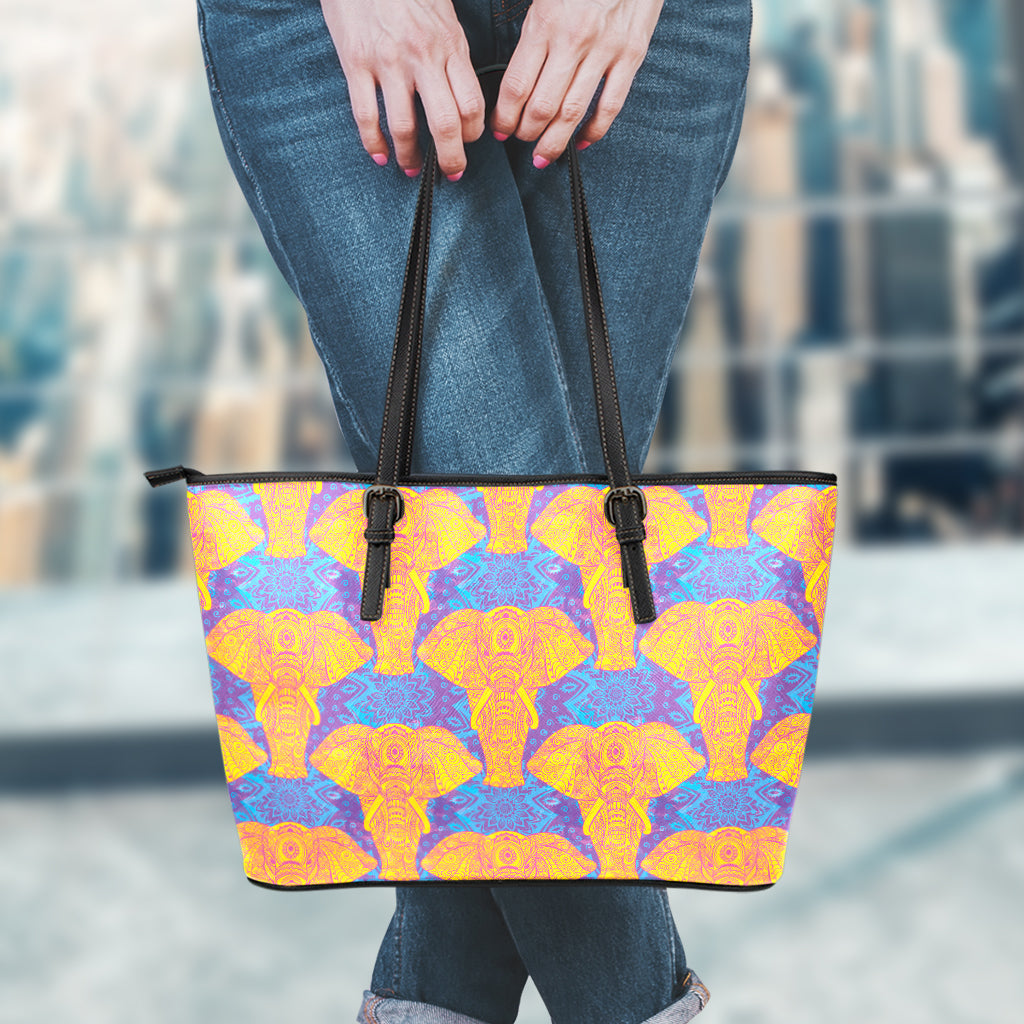 Yellow Mandala Elephant Pattern Print Leather Tote Bag