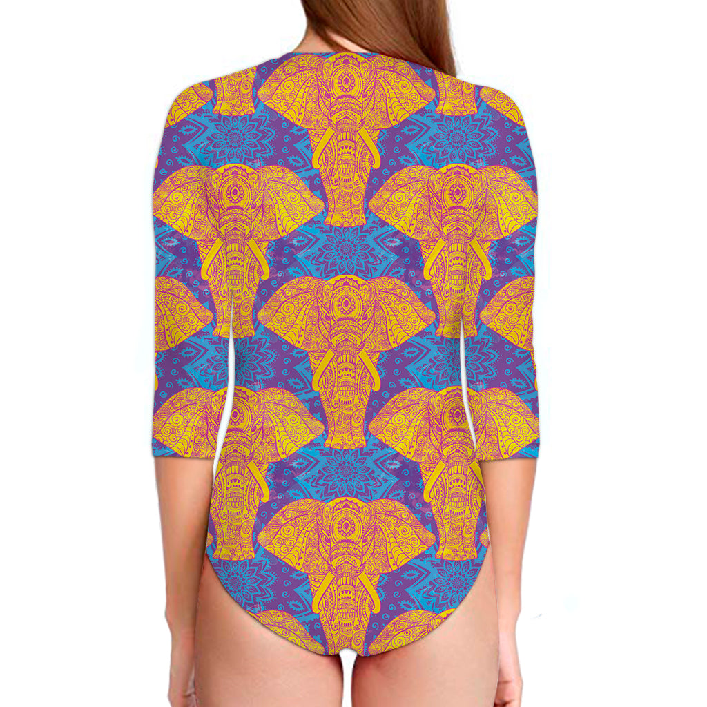 Yellow Mandala Elephant Pattern Print Long Sleeve Swimsuit