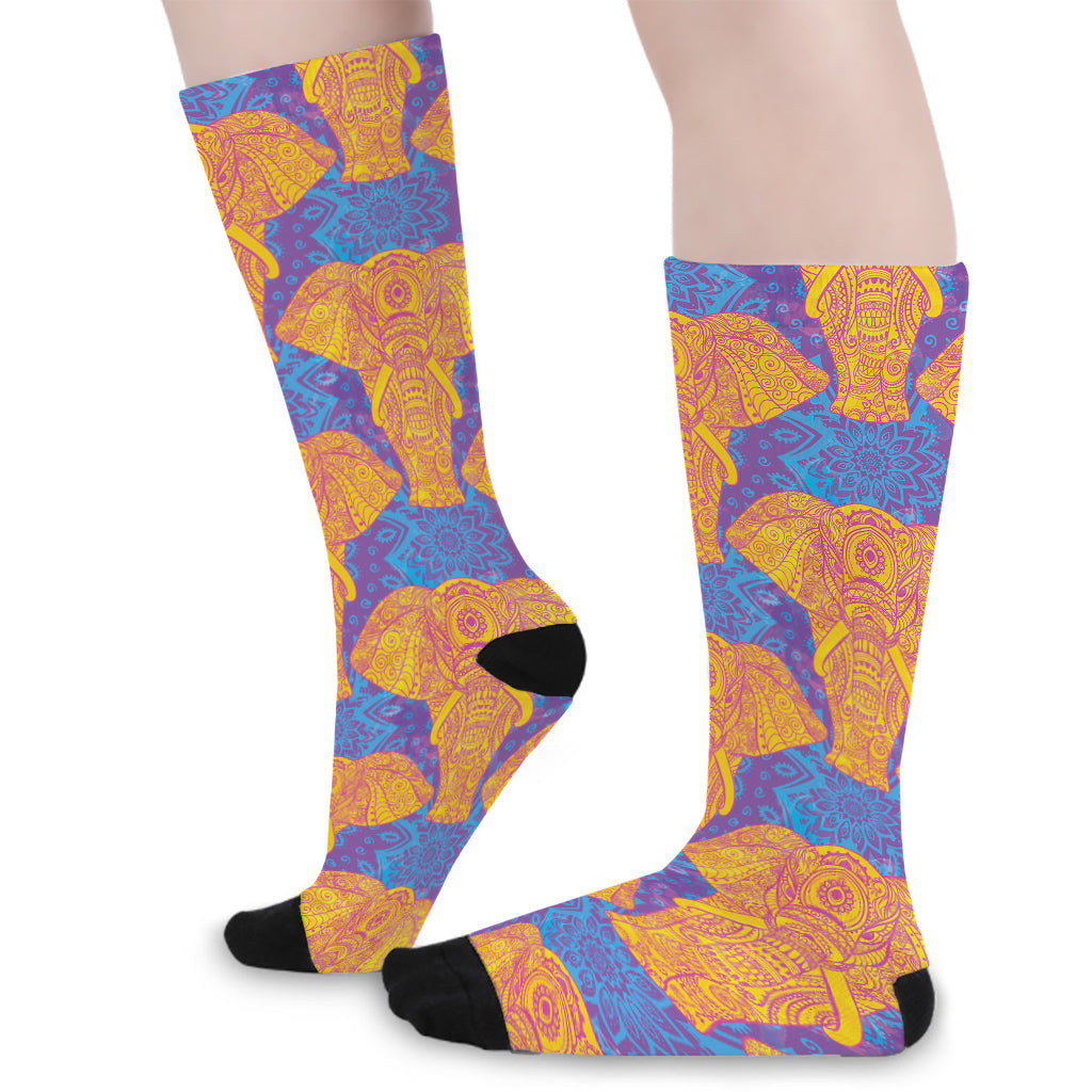 Yellow Mandala Elephant Pattern Print Long Socks