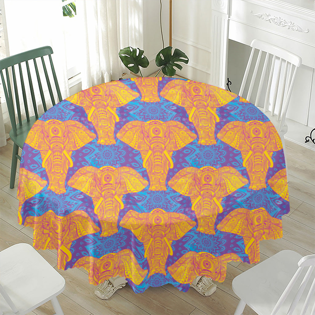 Yellow Mandala Elephant Pattern Print Waterproof Round Tablecloth