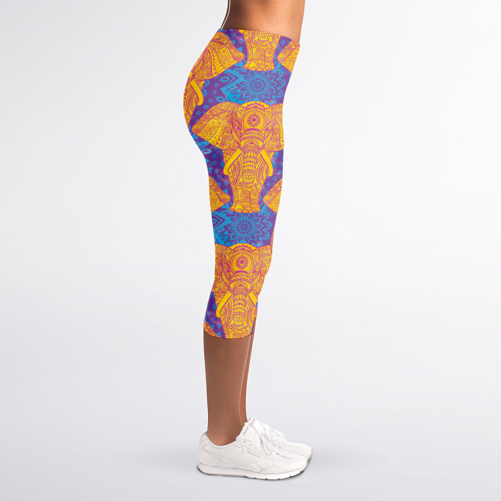 Yellow Mandala Elephant Pattern Print Women's Capri Leggings
