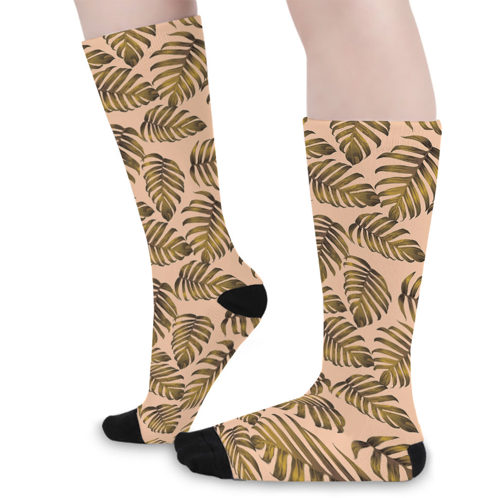 Yellow Monstera Leaves Pattern Print Long Socks