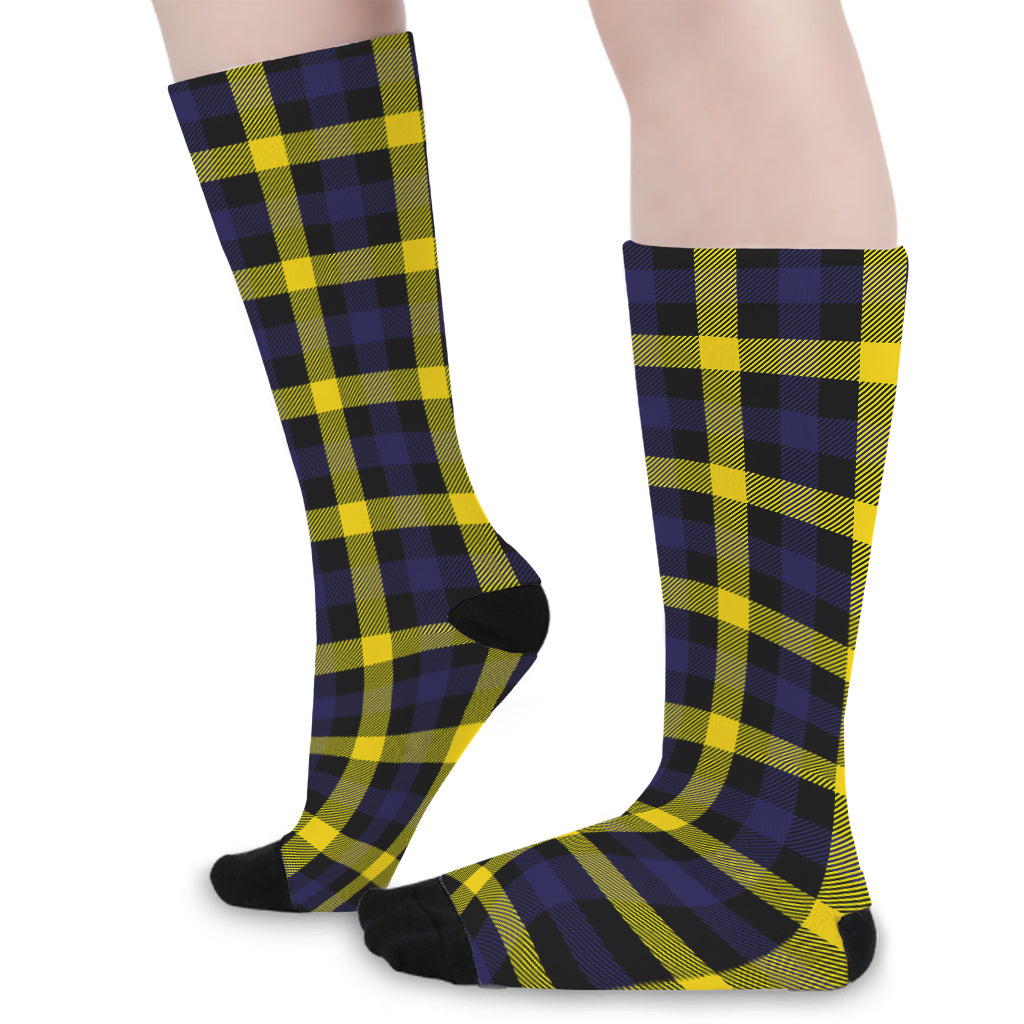 Yellow Navy And Black Plaid Print Long Socks