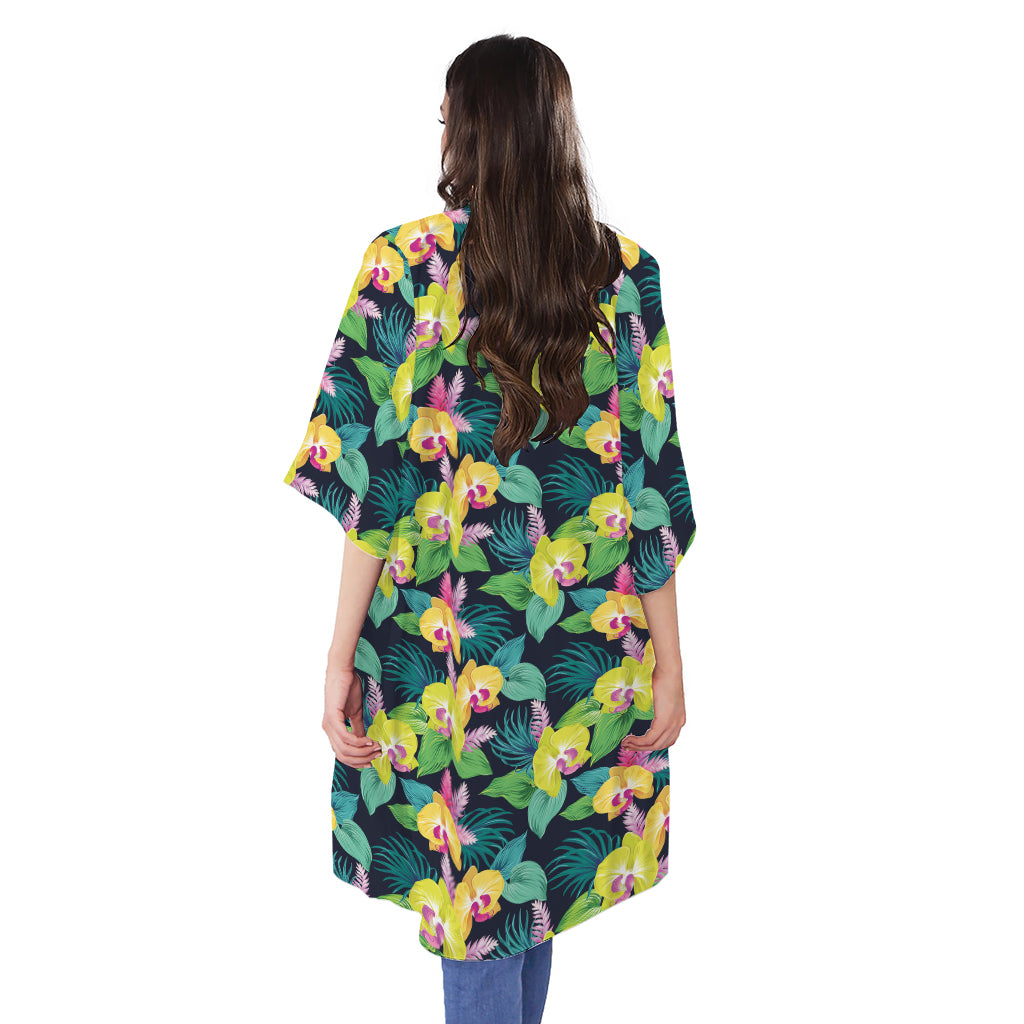 Yellow Orchid Pattern Print Open Front Beach Cover Up