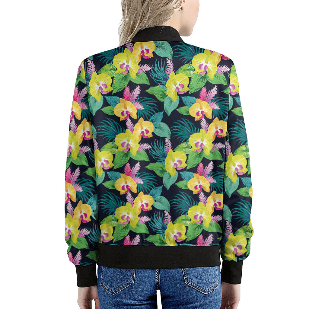 Yellow Orchid Pattern Print Women's Bomber Jacket