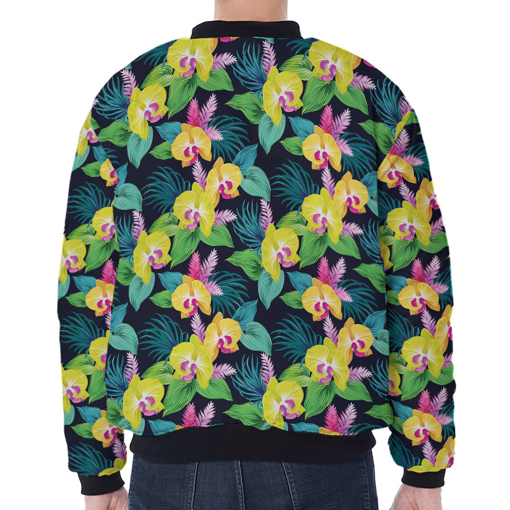 Yellow Orchid Pattern Print Zip Sleeve Bomber Jacket
