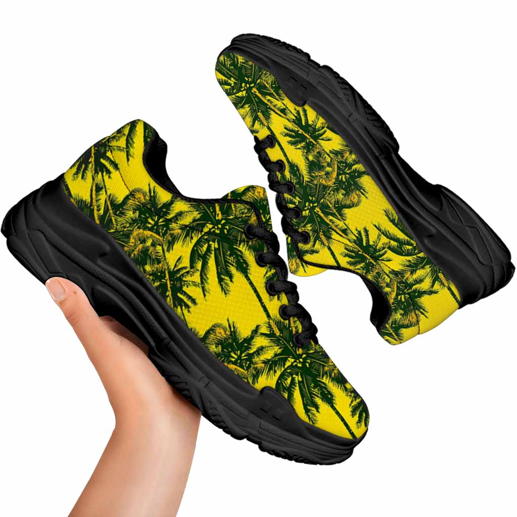 Yellow Palm Tree Pattern Print Black Chunky Shoes