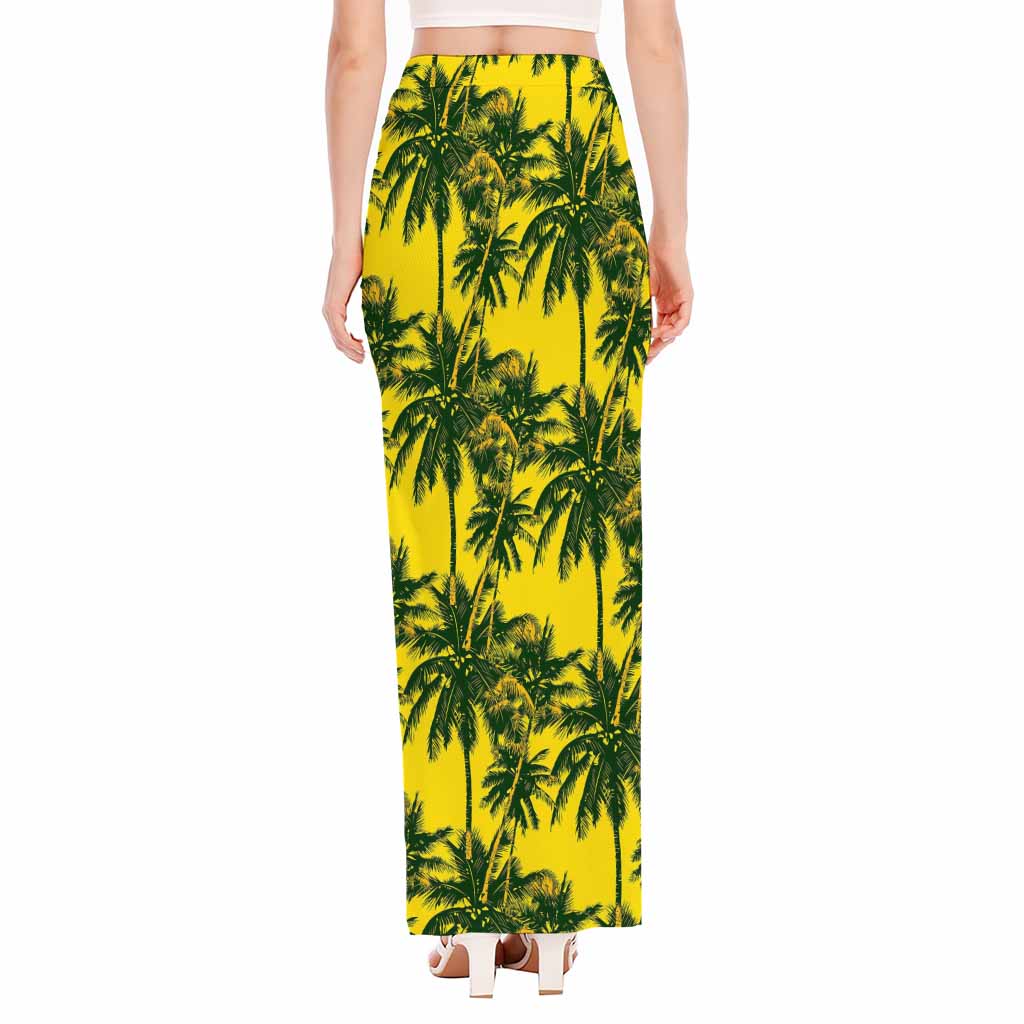 Yellow Palm Tree Pattern Print High Slit Maxi Skirt