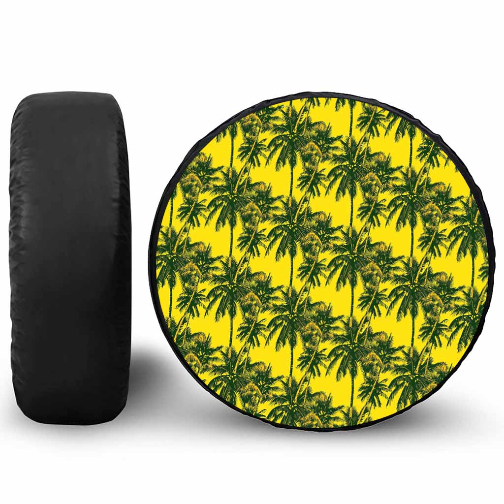 Yellow Palm Tree Pattern Print Leather Spare Tire Cover