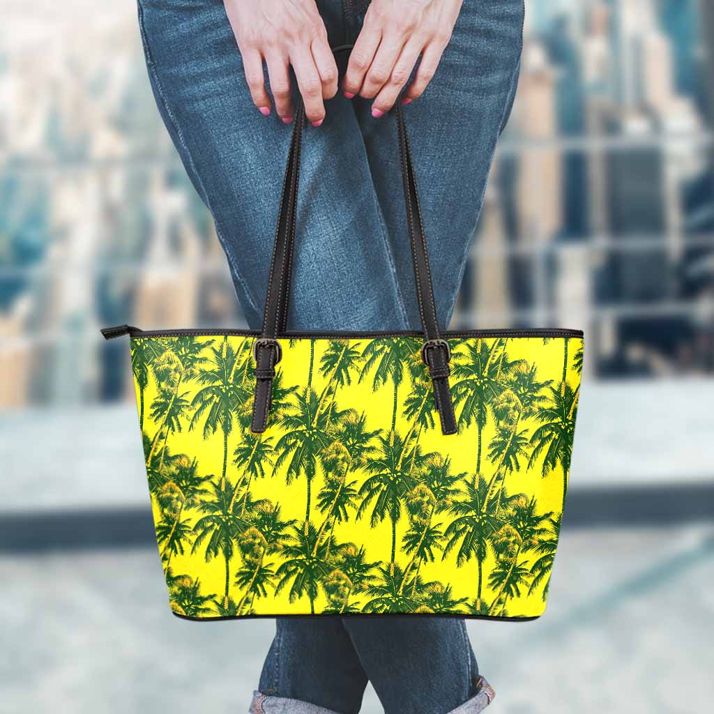 Yellow Palm Tree Pattern Print Leather Tote Bag