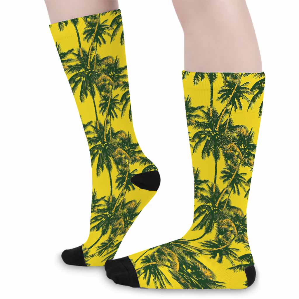 Yellow Palm Tree Pattern Print Long Socks