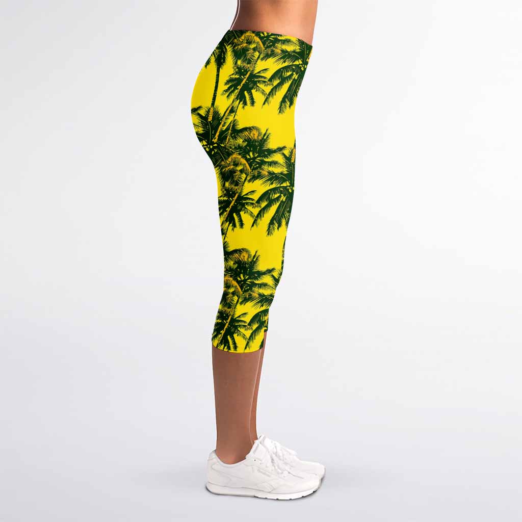 Yellow Palm Tree Pattern Print Women's Capri Leggings