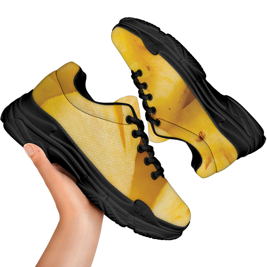 Yellow Pineapple Pieces Print Black Chunky Shoes