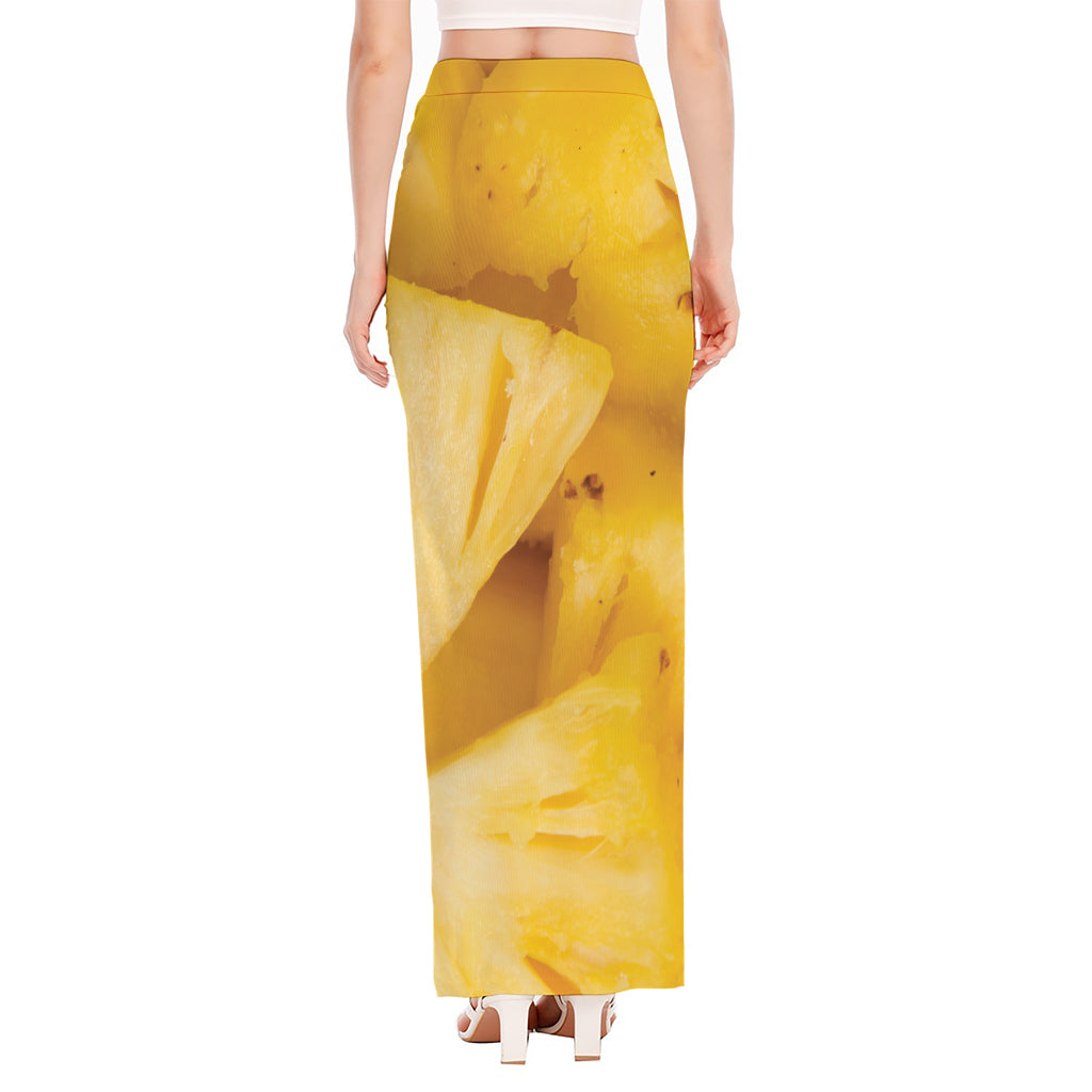 Yellow Pineapple Pieces Print High Slit Maxi Skirt
