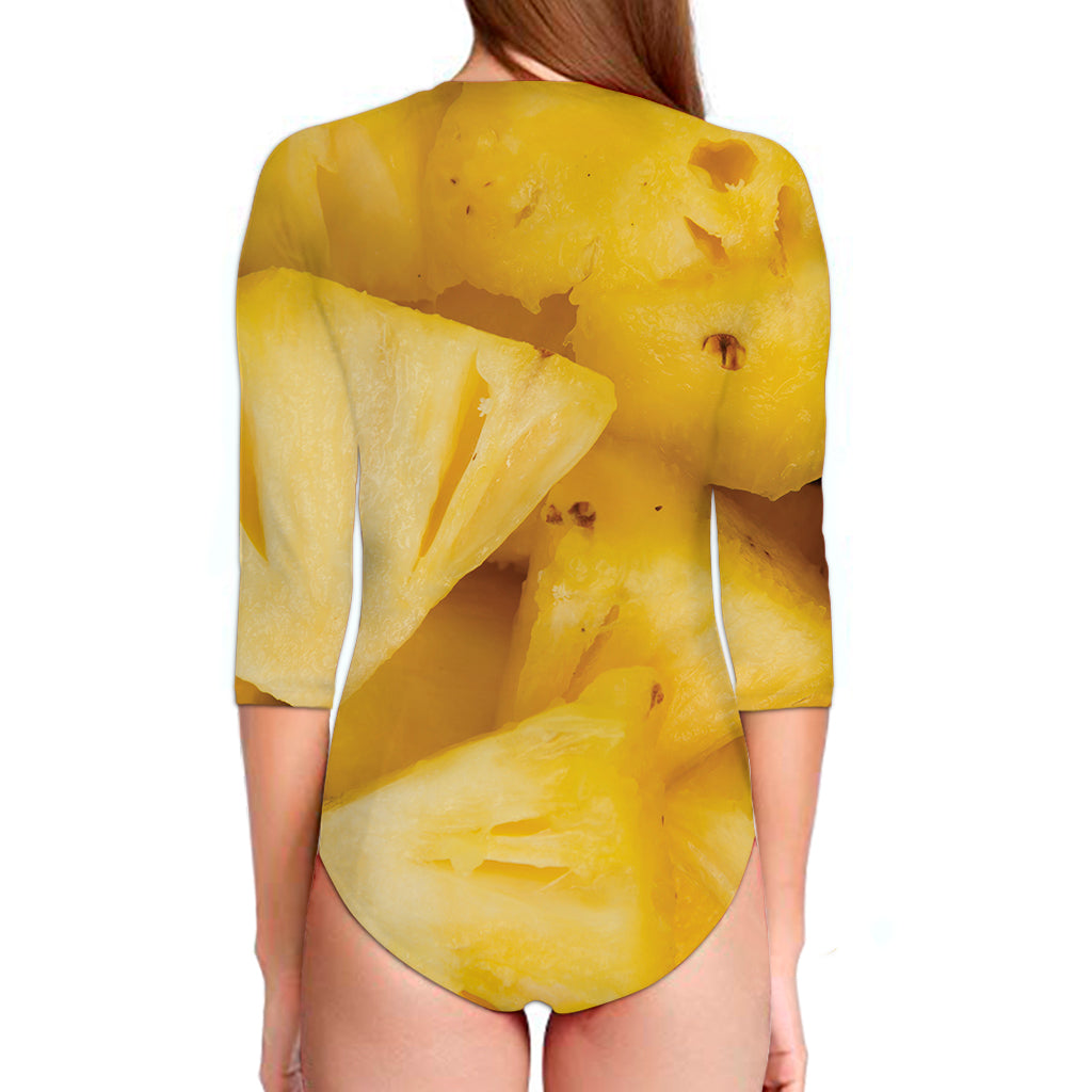 Yellow Pineapple Pieces Print Long Sleeve Swimsuit
