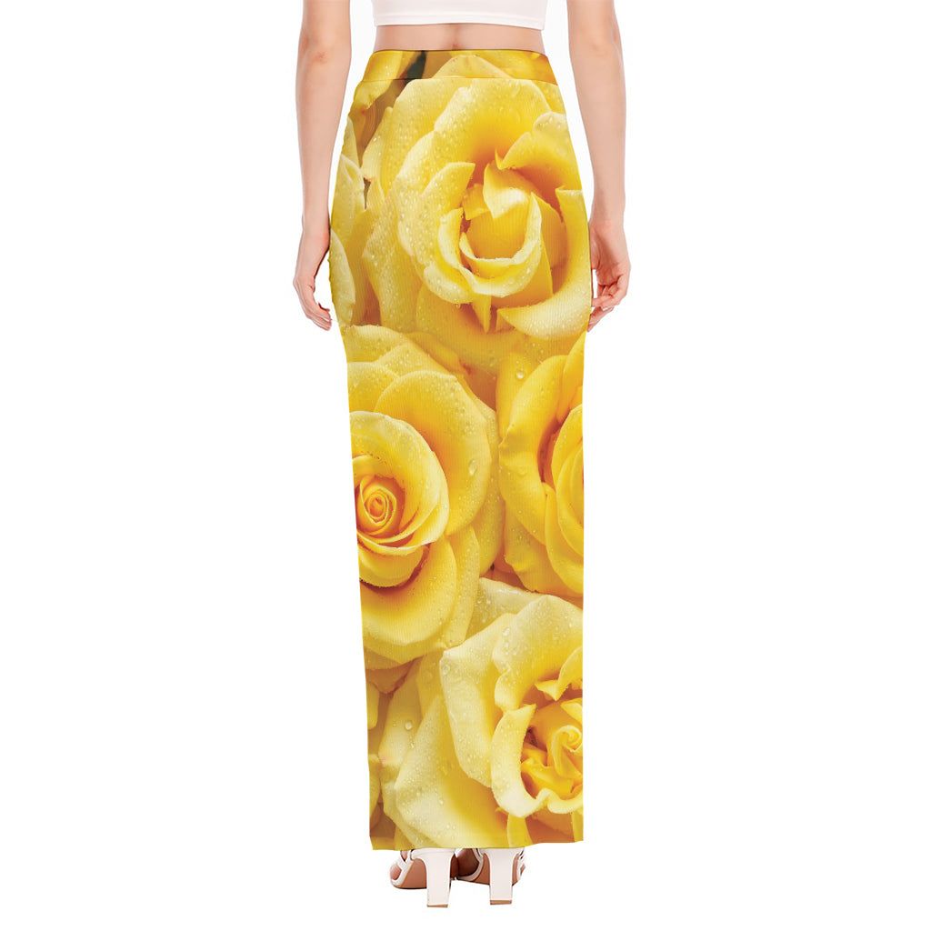 Yellow Rose Print High Slit Maxi Skirt