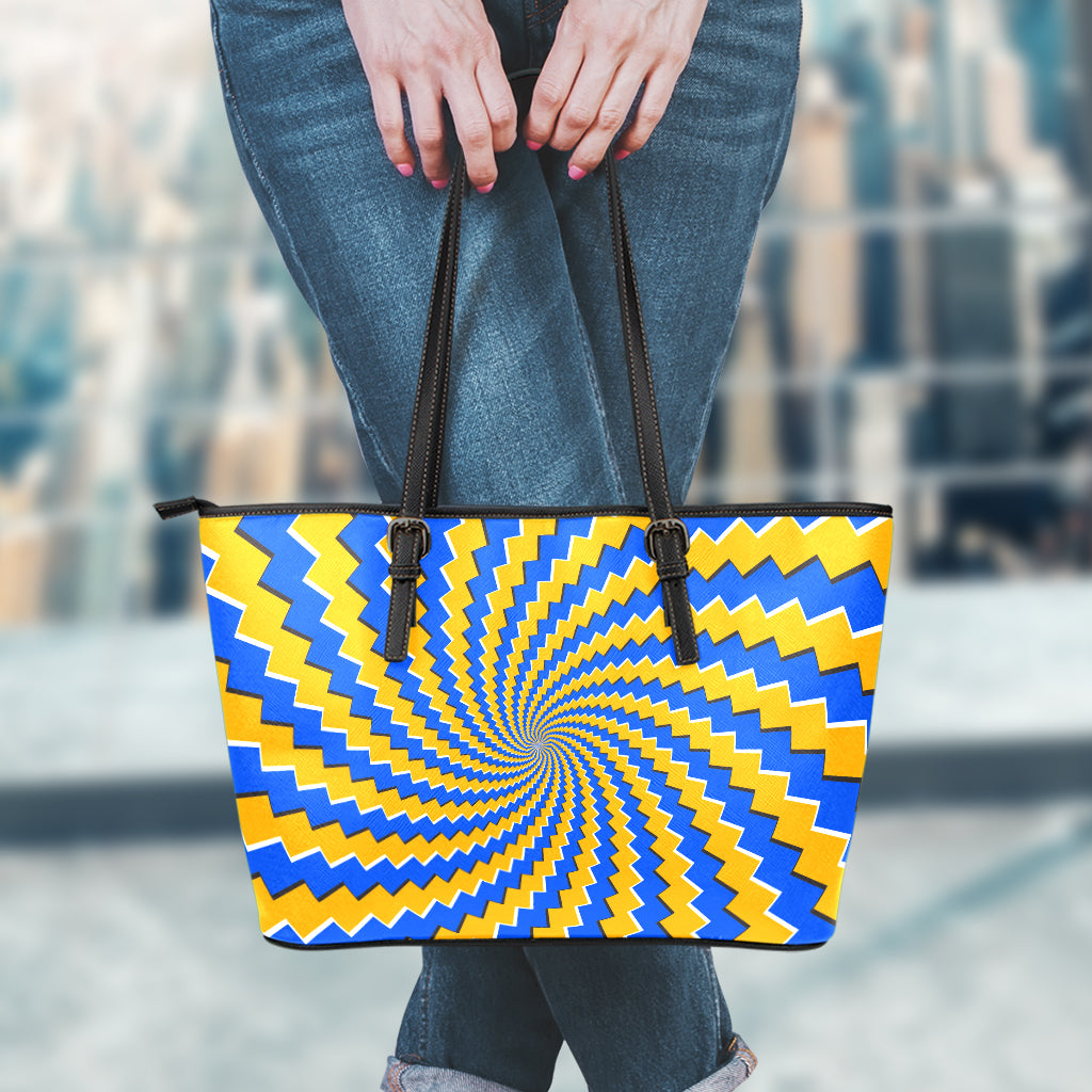 Yellow Spiral Moving Optical Illusion Leather Tote Bag