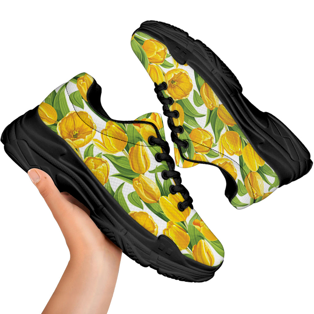 Yellow Spring Tulip Pattern Print Black Chunky Shoes
