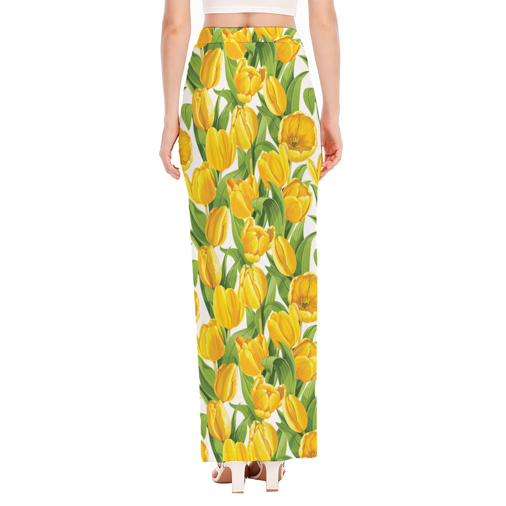 Yellow Spring Tulip Pattern Print High Slit Maxi Skirt