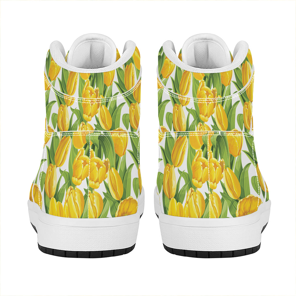 Yellow Spring Tulip Pattern Print High Top Leather Sneakers