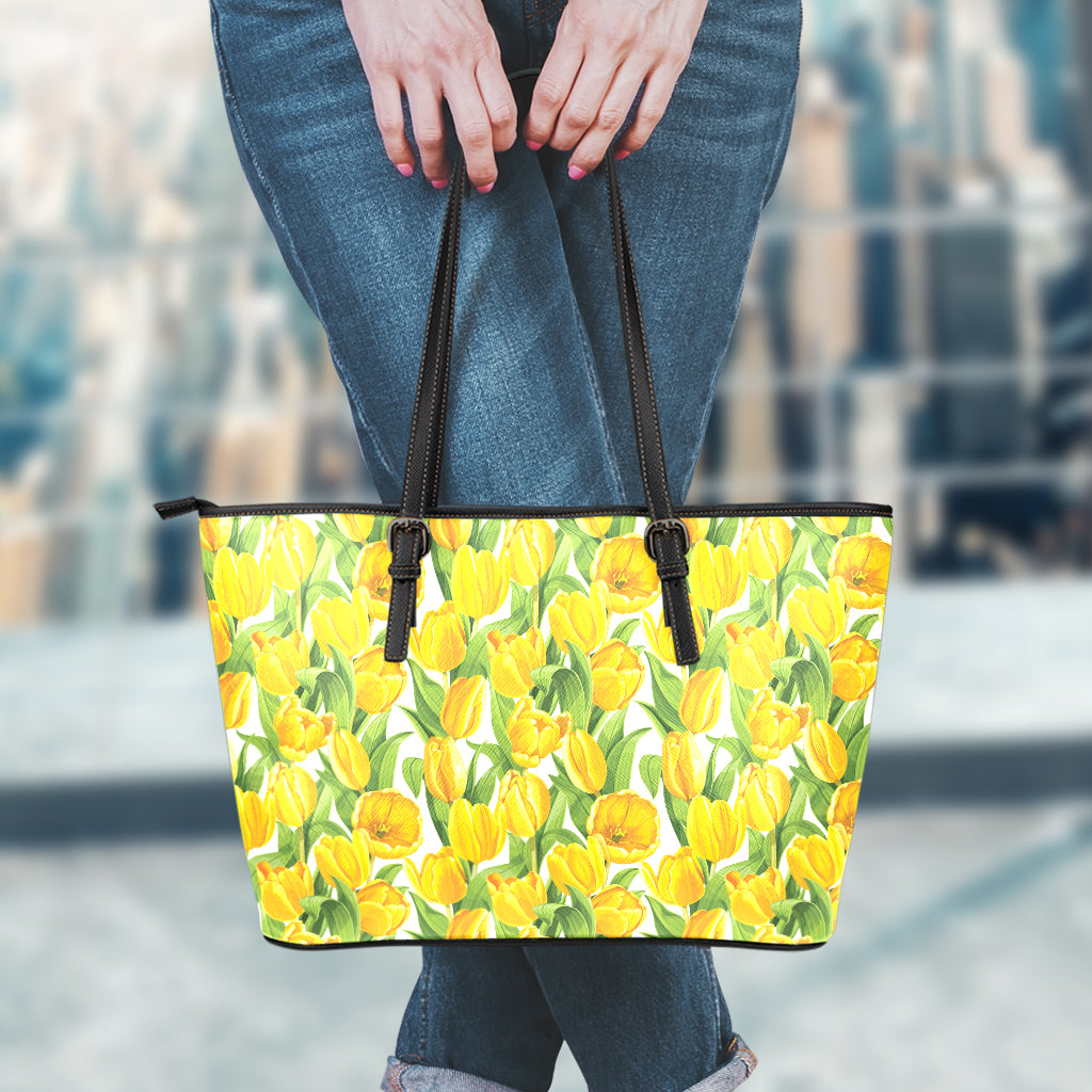 Yellow Spring Tulip Pattern Print Leather Tote Bag