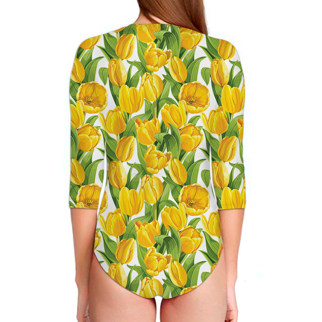 Yellow Spring Tulip Pattern Print Long Sleeve Swimsuit