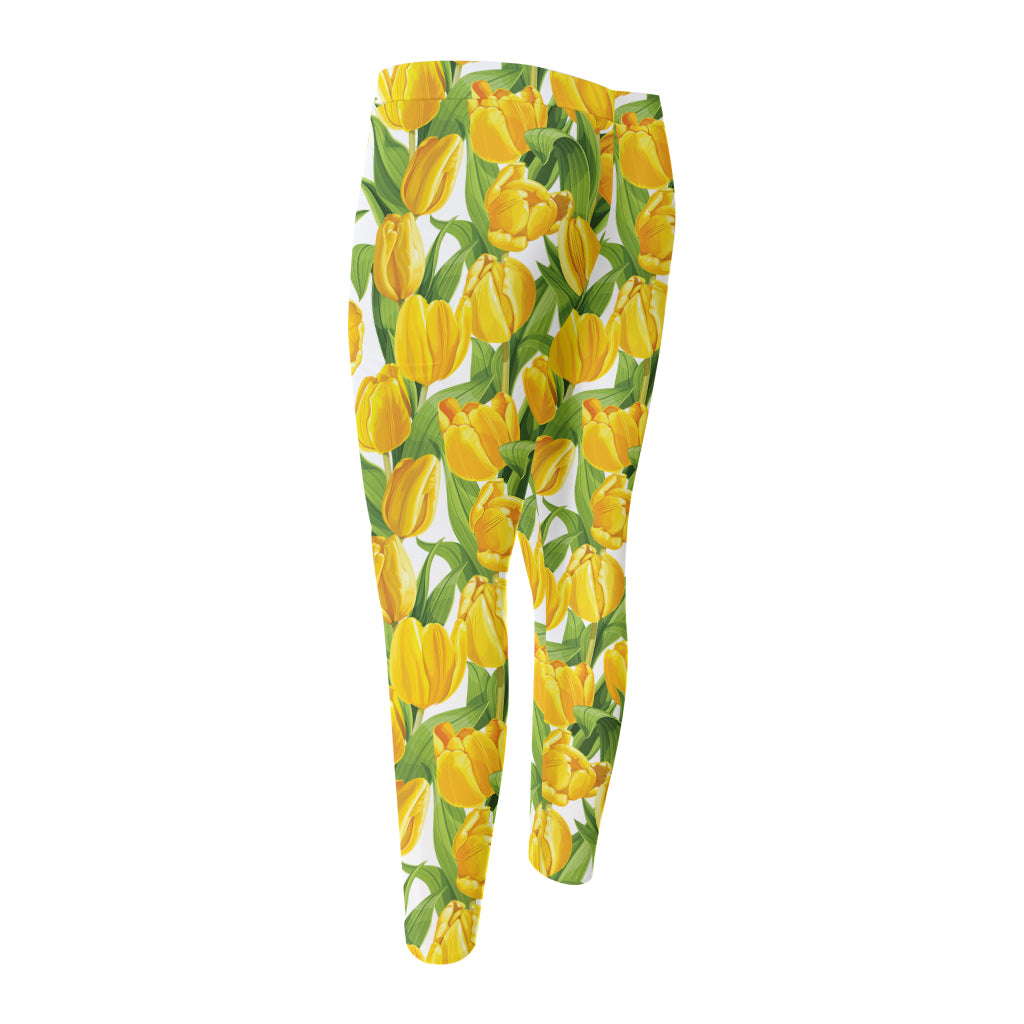 Yellow Spring Tulip Pattern Print Men's Compression Pants