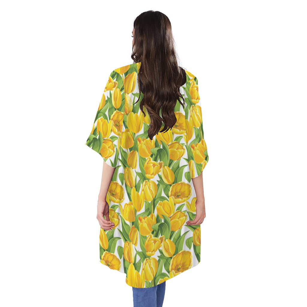 Yellow Spring Tulip Pattern Print Open Front Beach Cover Up