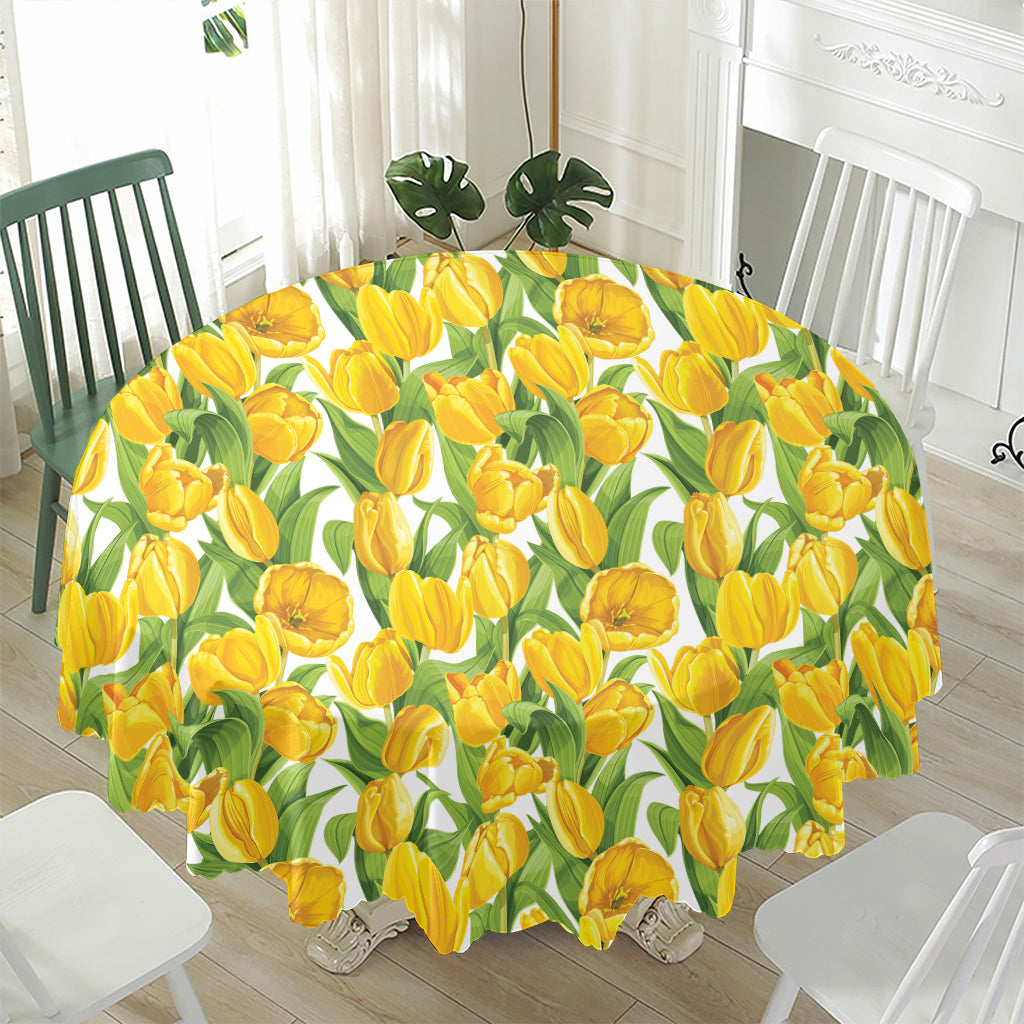 Yellow Spring Tulip Pattern Print Waterproof Round Tablecloth