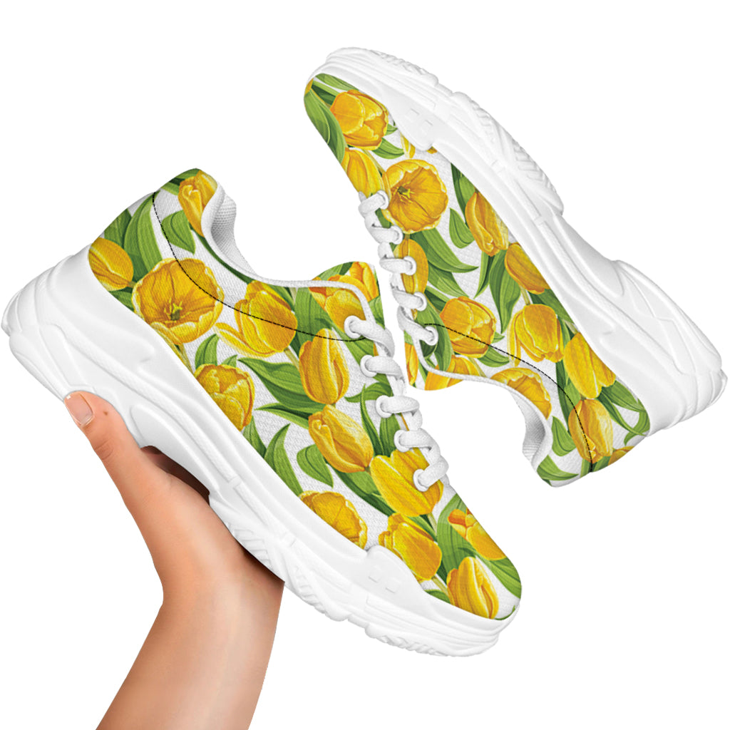 Yellow Spring Tulip Pattern Print White Chunky Shoes