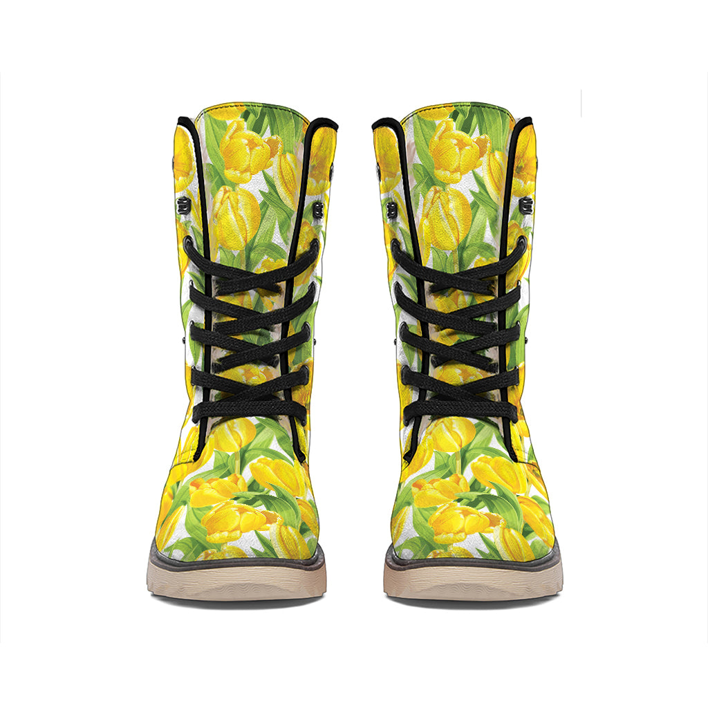 Yellow Spring Tulip Pattern Print Winter Boots