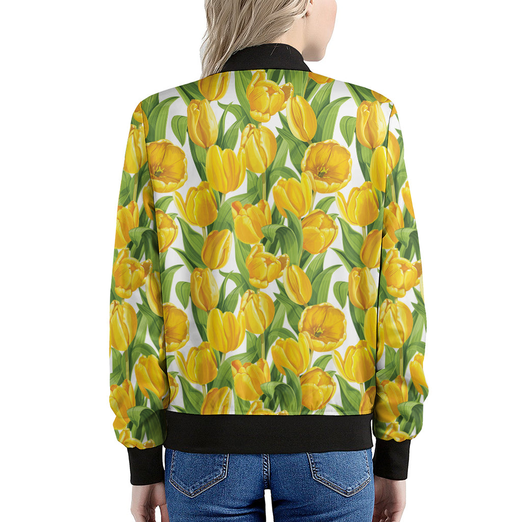 Yellow Spring Tulip Pattern Print Women's Bomber Jacket