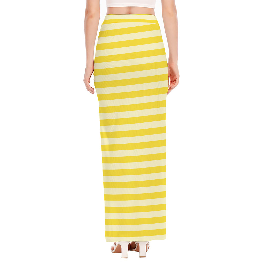 Yellow Striped Pattern Print High Slit Maxi Skirt