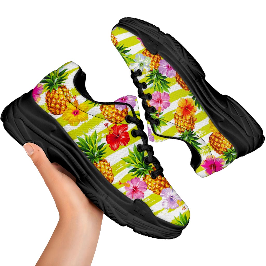 Yellow Striped Pineapple Pattern Print Black Chunky Shoes