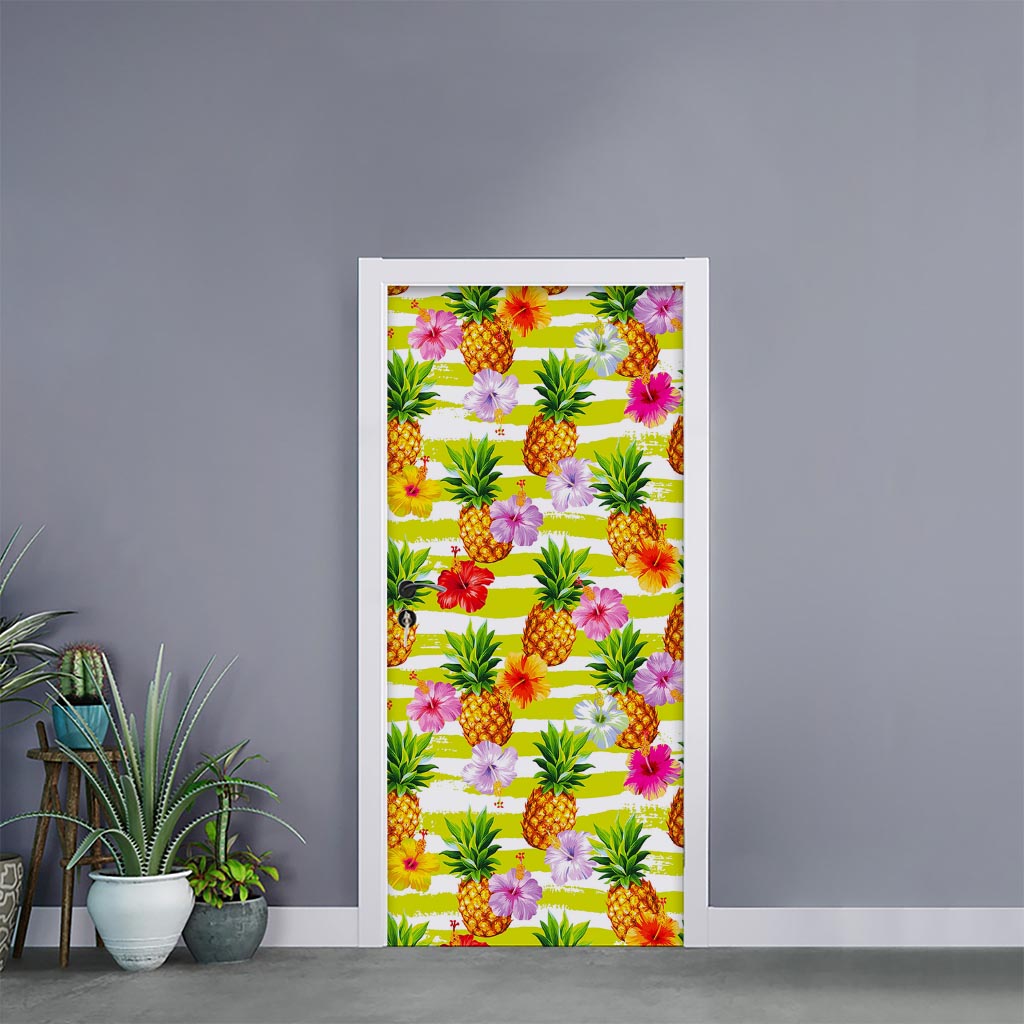 Yellow Striped Pineapple Pattern Print Door Sticker