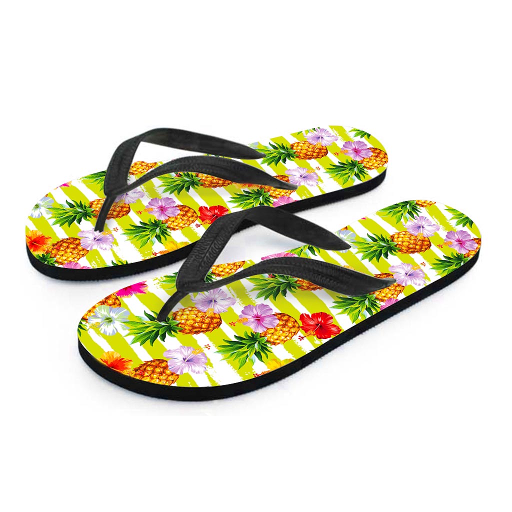Yellow Striped Pineapple Pattern Print Flip Flops