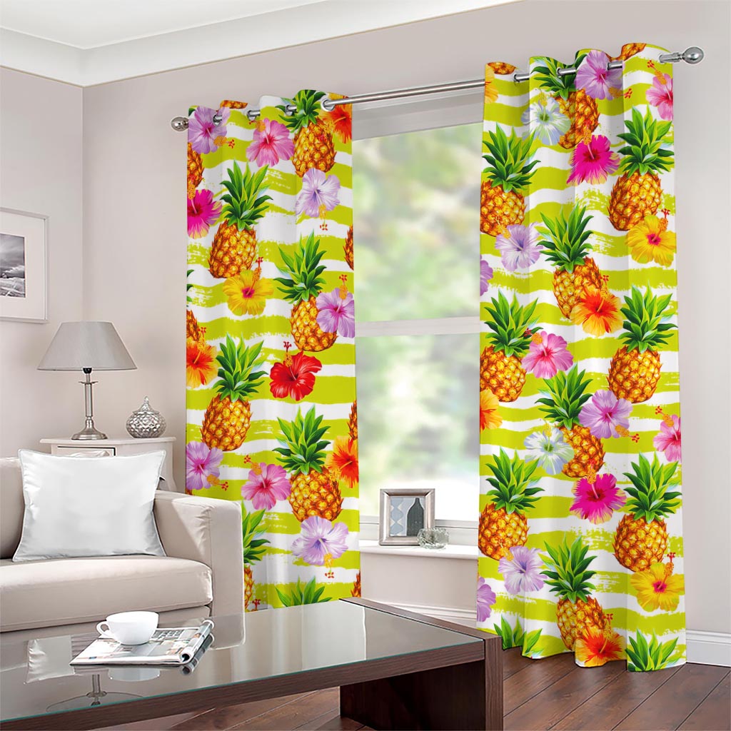 Yellow Striped Pineapple Pattern Print Grommet Curtains