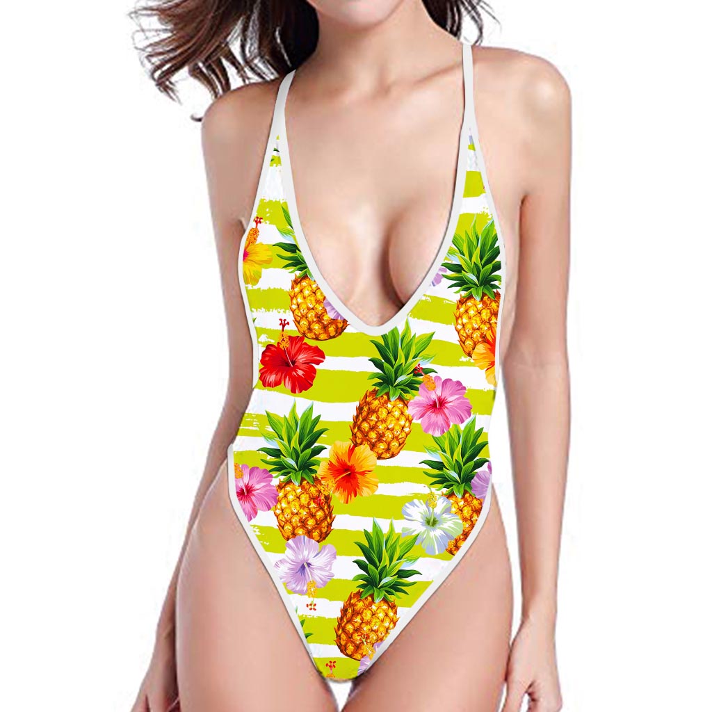 Yellow Striped Pineapple Pattern Print High Cut One Piece Swimsuit