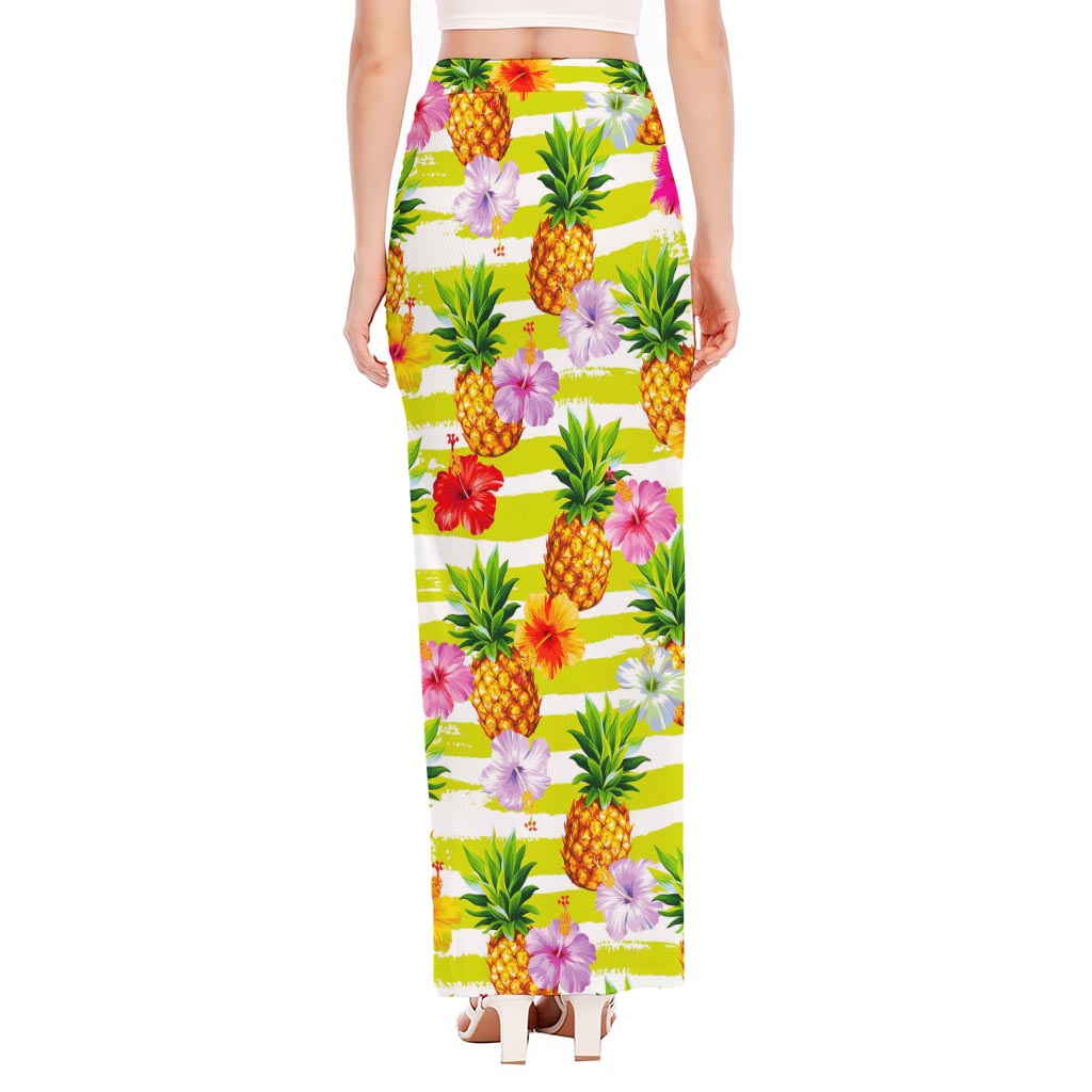 Yellow Striped Pineapple Pattern Print High Slit Maxi Skirt