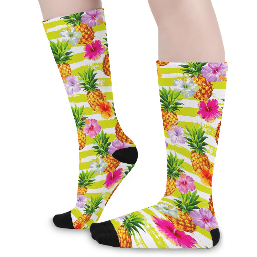 Yellow Striped Pineapple Pattern Print Long Socks