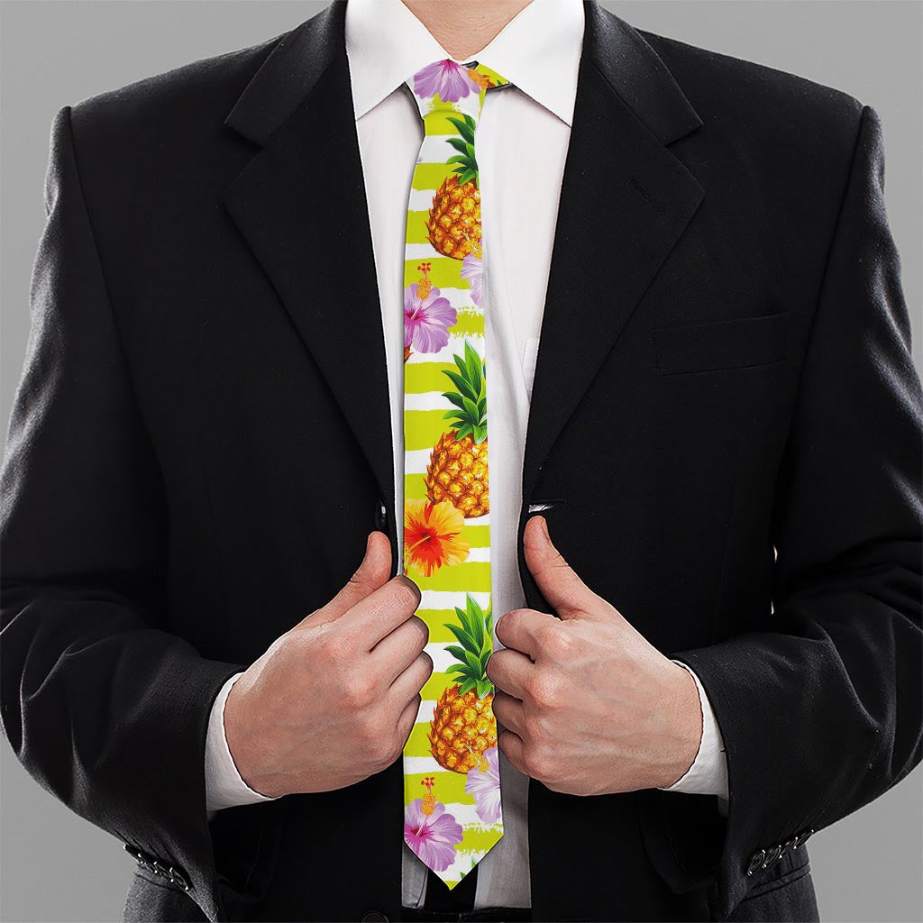 Yellow Striped Pineapple Pattern Print Necktie