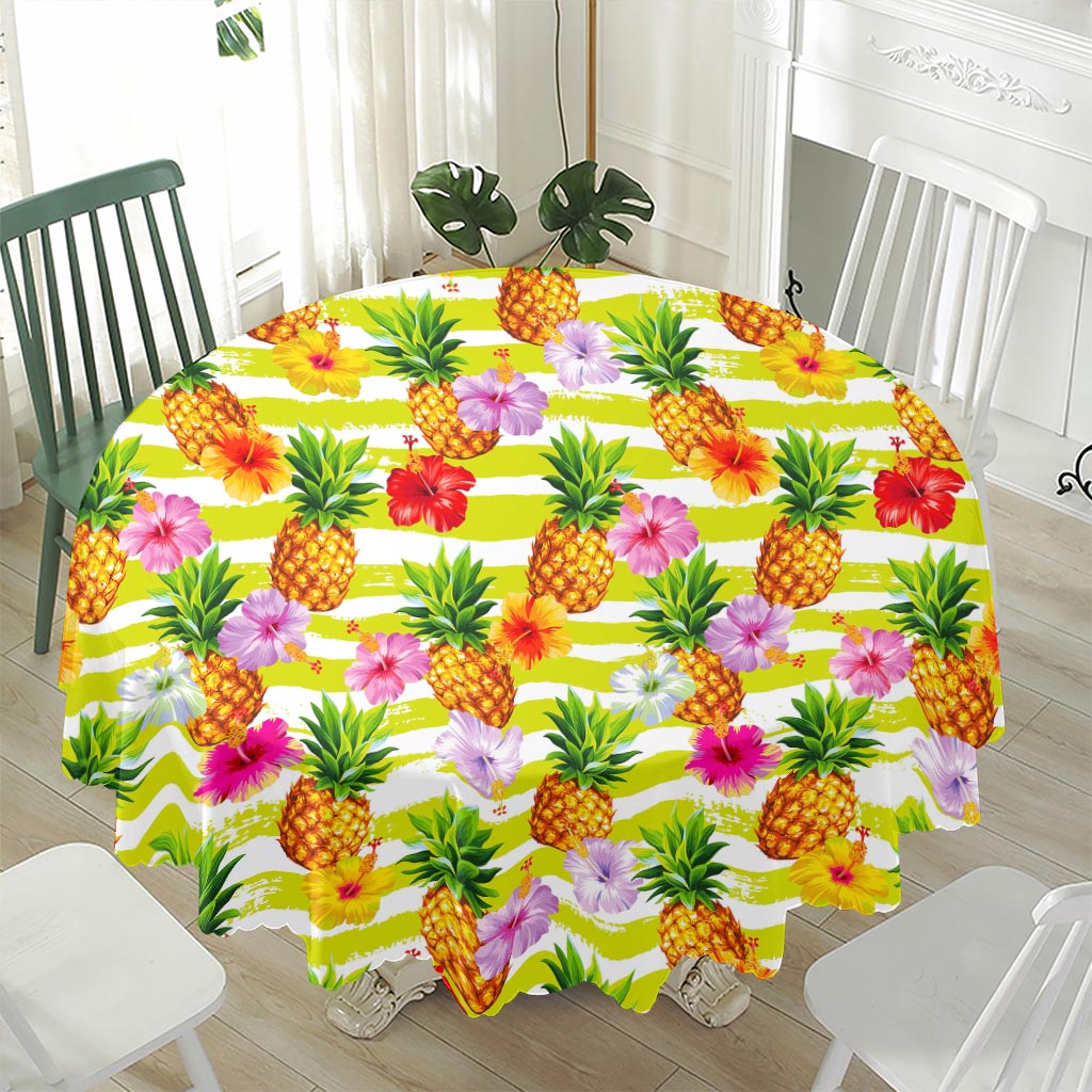 Yellow Striped Pineapple Pattern Print Waterproof Round Tablecloth