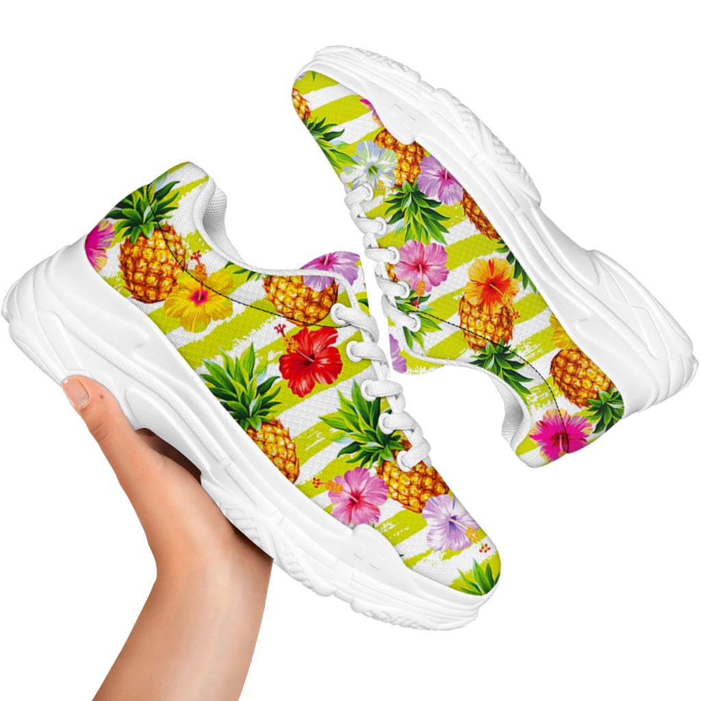 Yellow Striped Pineapple Pattern Print White Chunky Shoes
