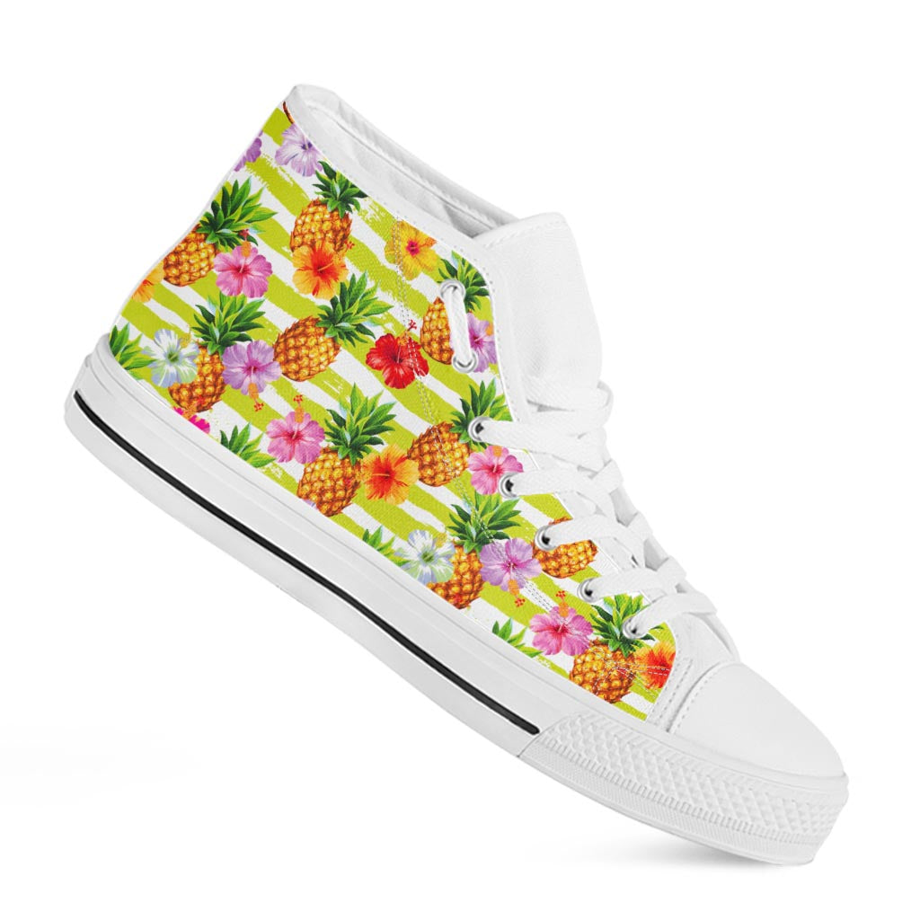 Yellow Striped Pineapple Pattern Print White High Top Sneakers
