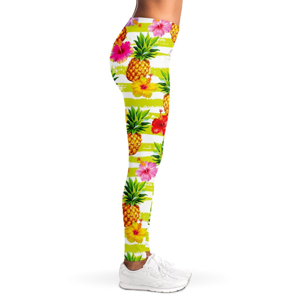 Yellow Striped Pineapple Pattern Print Women's Leggings