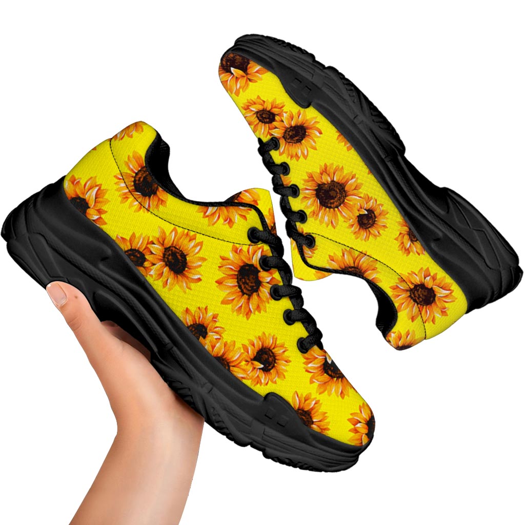 Yellow Sunflower Pattern Print Black Chunky Shoes