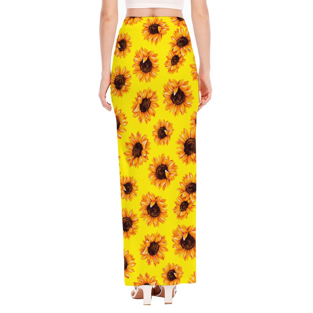Yellow Sunflower Pattern Print High Slit Maxi Skirt
