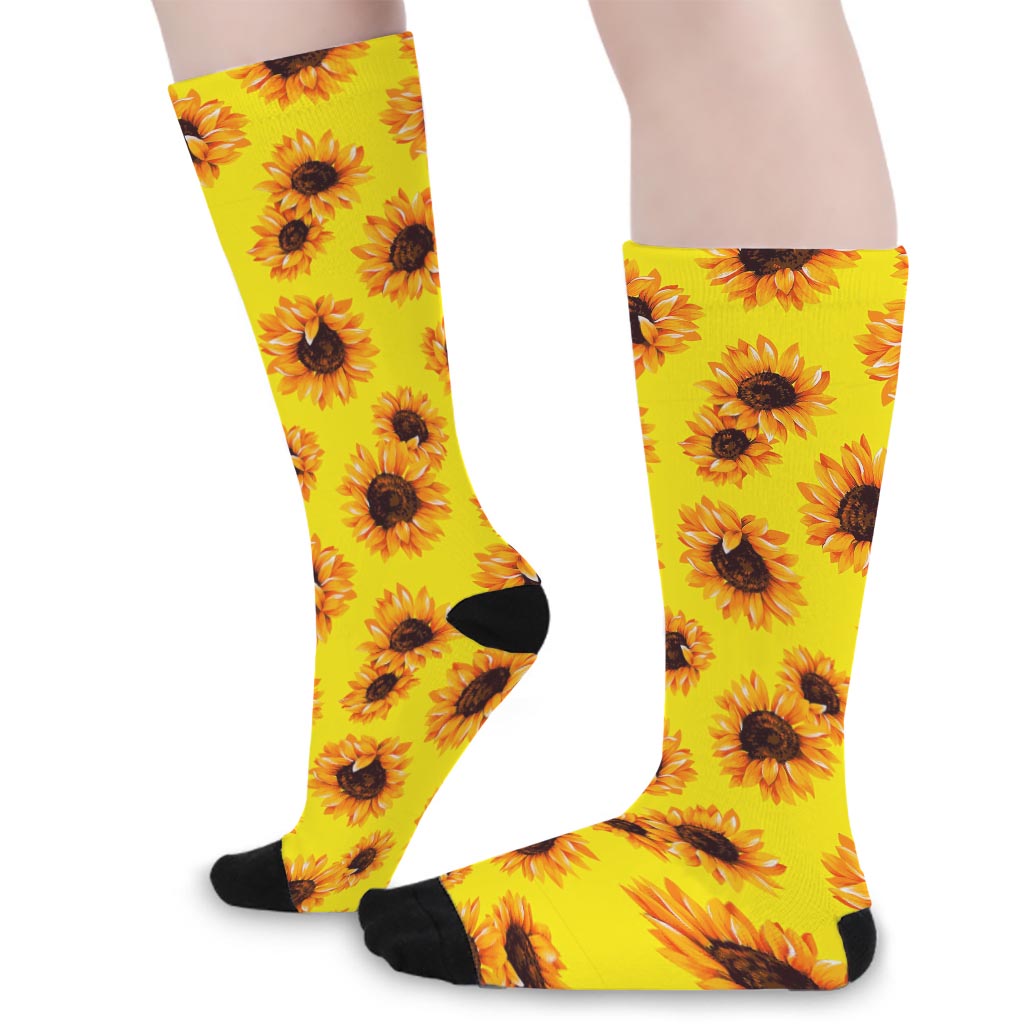 Yellow Sunflower Pattern Print Long Socks