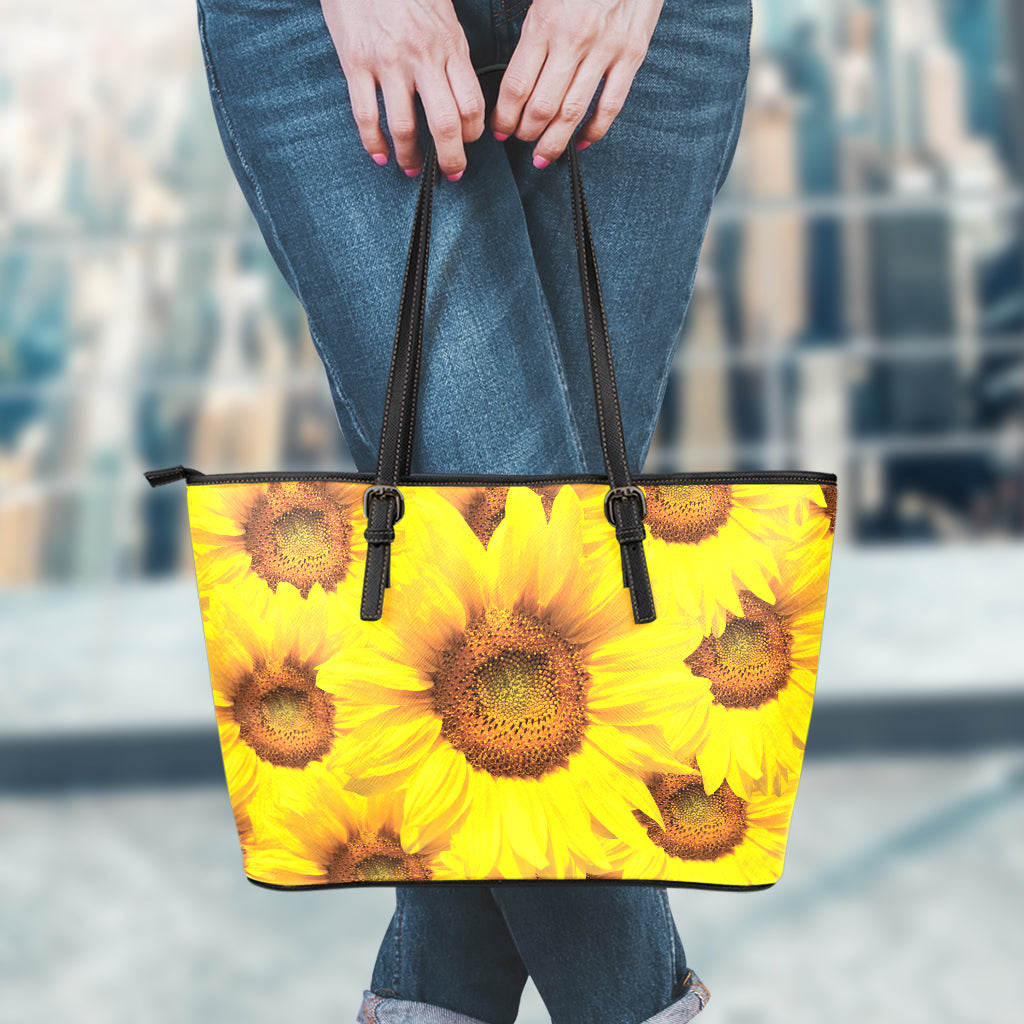 Yellow Sunflower Print Leather Tote Bag